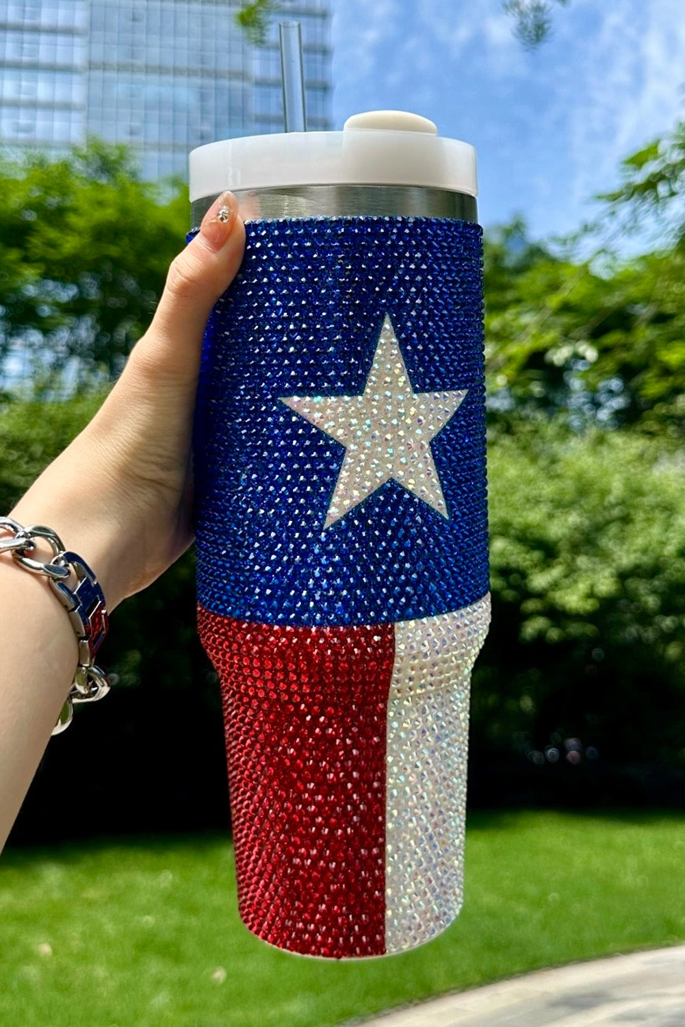 Dark Blue American Flag Star Full Rhinestone Handle Tumbler 40oz - Image 3