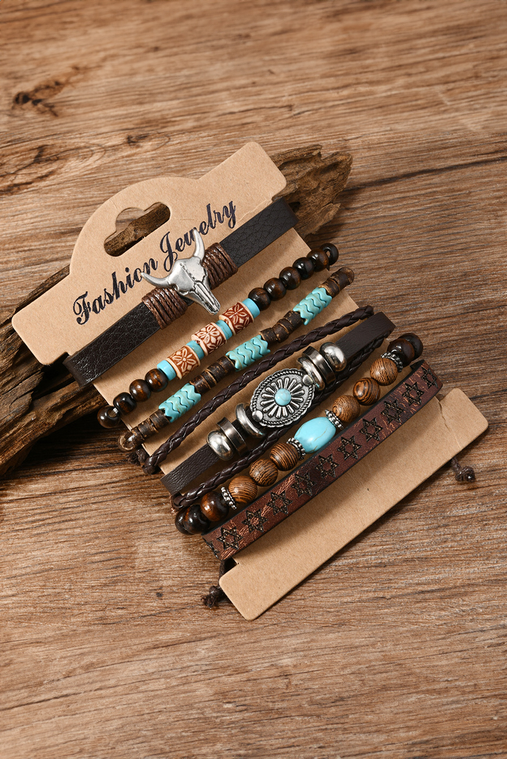 Chestnut 6 Piece Western Bull Skull Turquoise Beading Bracelet - Image 4
