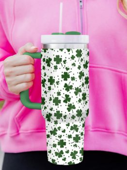 Dark Green Clover Print Thermos Cup with Handle 40oz