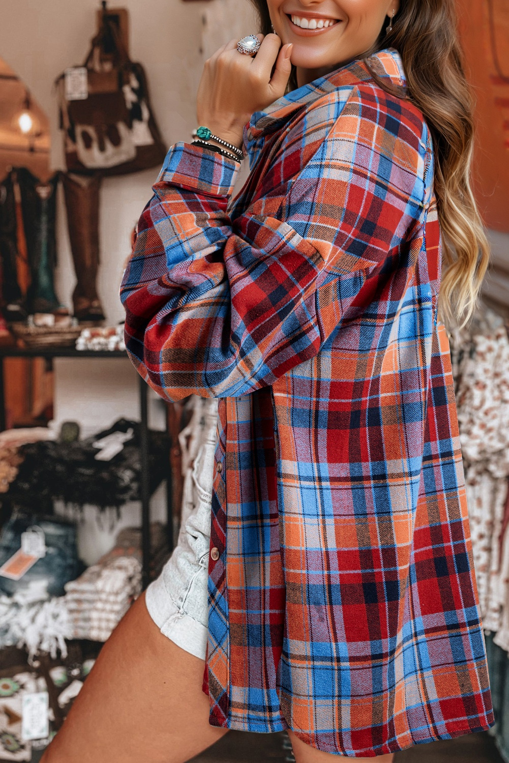 Red Plaid Print Loose Vintage Shirt - Image 2