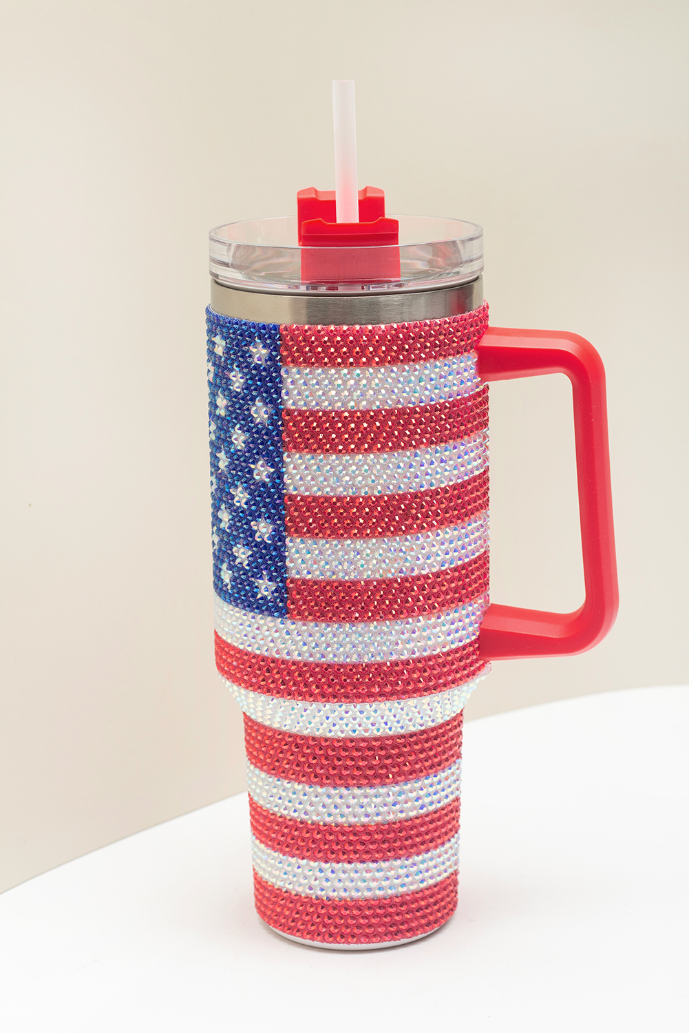 Red Rhinestone American Flag Print Handled 40oz Thermos Tumbler - Image 6