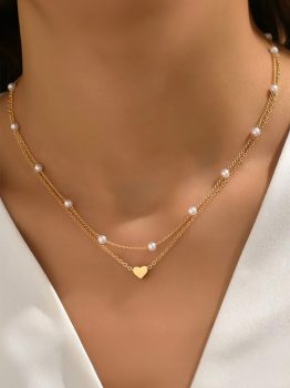 Gold Plated Heart and Pearl Detail 2pcs Layered Necklace