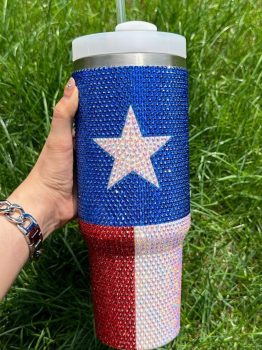 Dark Blue American Flag Star Full Rhinestone Handle Tumbler 40oz