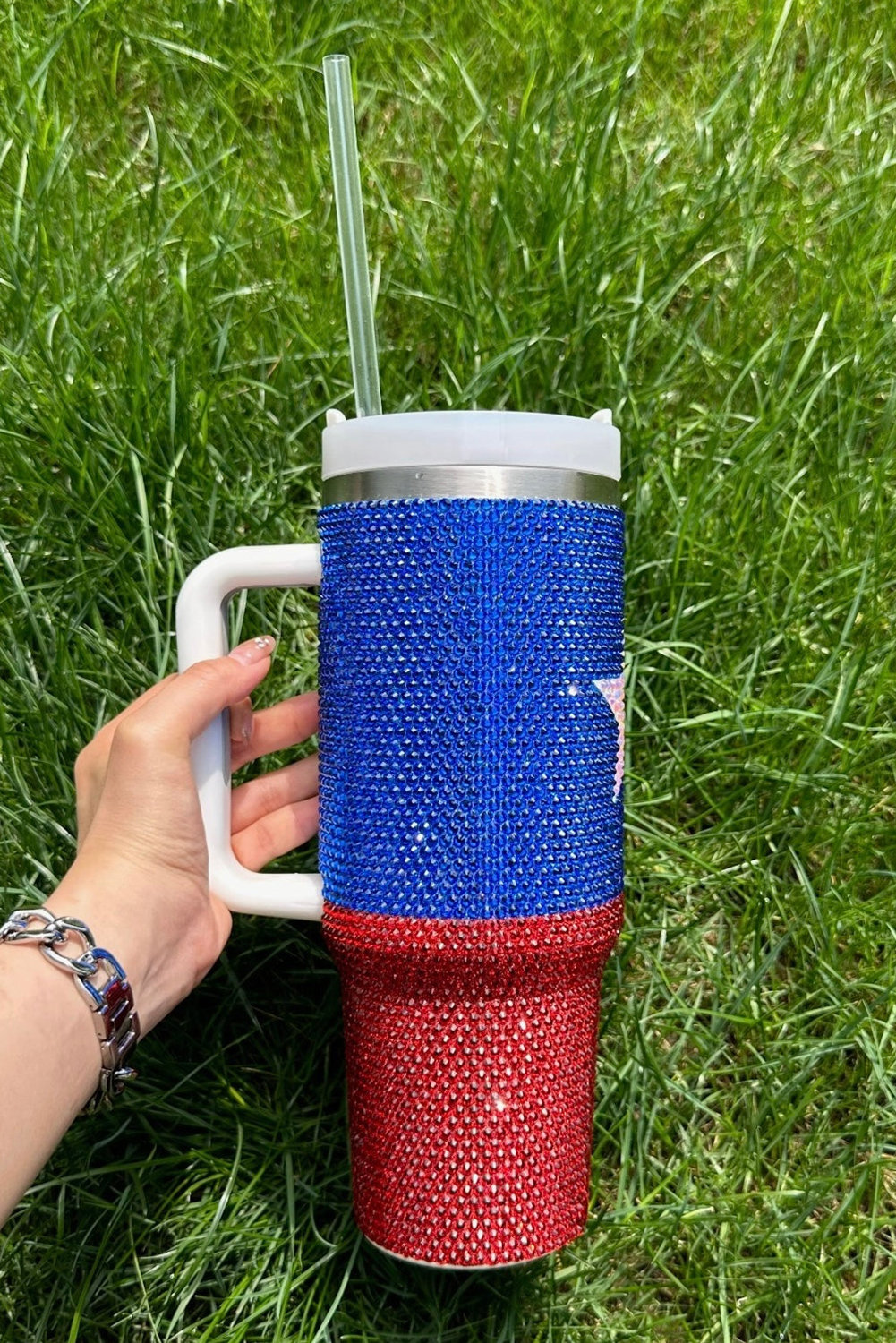 Dark Blue American Flag Star Full Rhinestone Handle Tumbler 40oz - Image 2