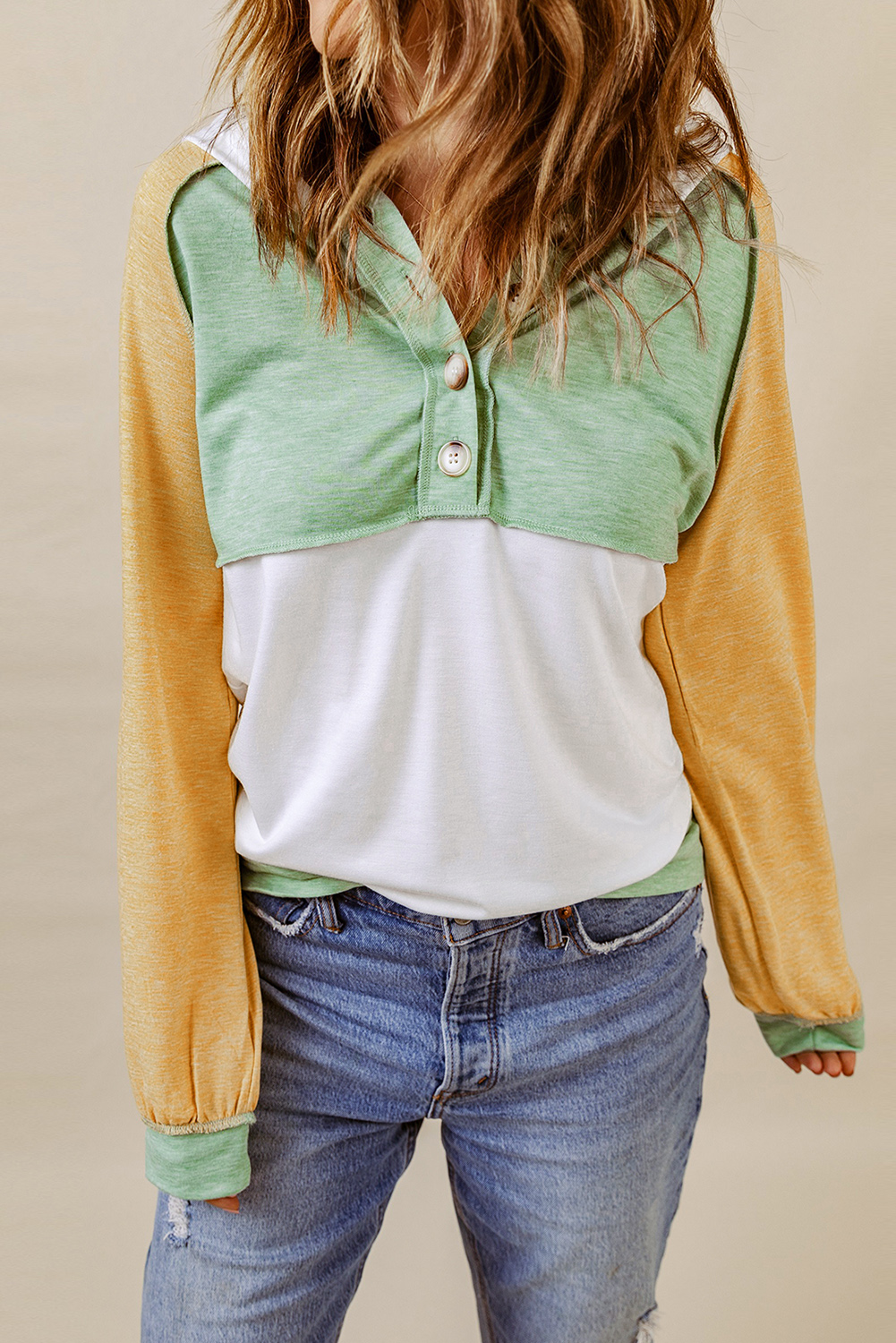 Yellow Colorblock Button Accent Pullover Hoodie - Image 4