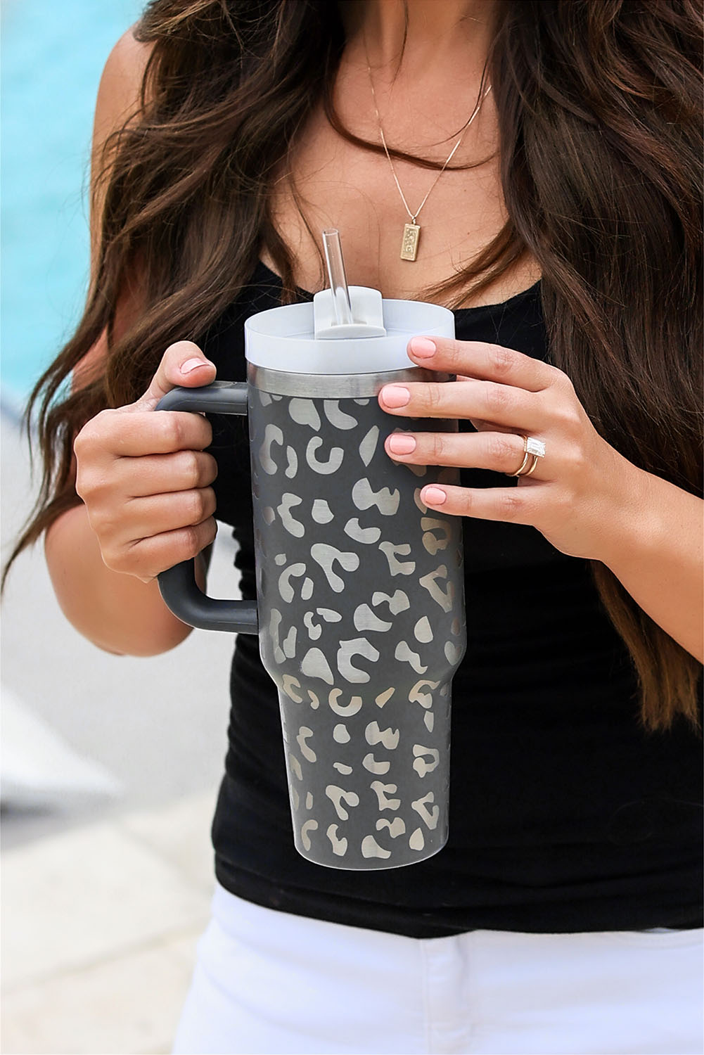 Gray Leopard Print 40OZ Stainless Steel Portable Cup with Handle - Image 4