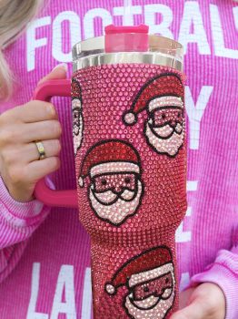 Rose Red Christmas Santa Claus Diamond Thermos Cup with Straw 40oz