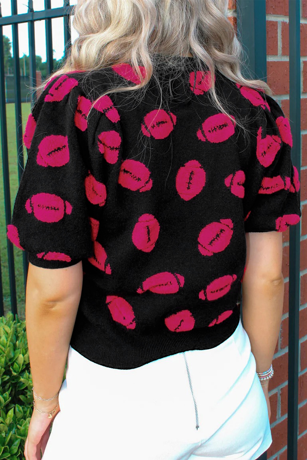 Black Rugby Print Casual Knit Short Sleeve Sweater - Image 8