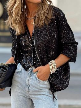 Black Sequin Zip up Round Neck Long Sleeve Jacket