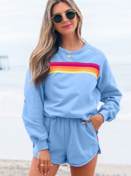 Beau Blue Accent Pullover and Shorts Two Piece Casual Set