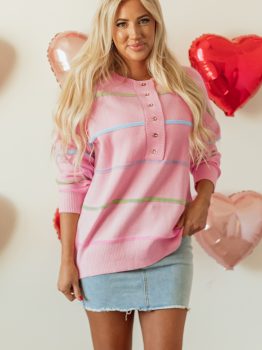 Pink Rainbow Stripes Drop Shoulder Baggy Henley Sweater
