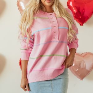 Pink Rainbow Stripes Drop Shoulder Baggy Henley Sweater