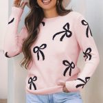 Light Pink Bow Pattern Knitted Loose Fit Sweater