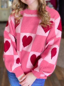 Pink Love Heart Checkered Valentine Crew Neck Sweater