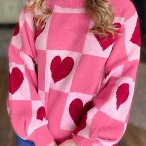Pink Love Heart Checkered Valentine Crew Neck Sweater