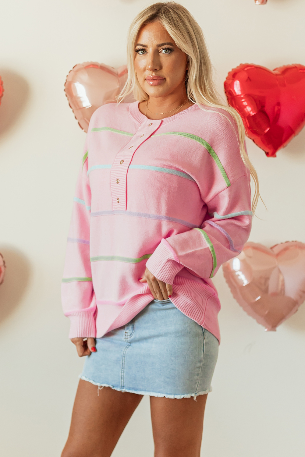 Pink Rainbow Stripes Drop Shoulder Baggy Henley Sweater - Image 3