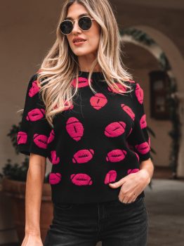 Black Rugby Print Casual Knit Short Sleeve Sweater