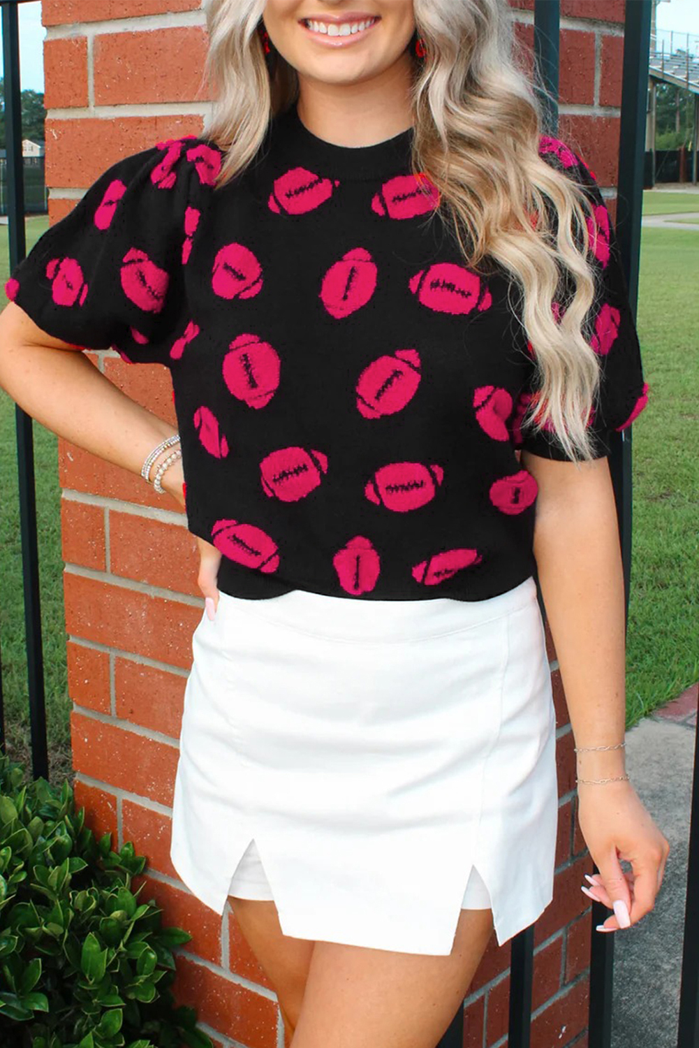 Black Rugby Print Casual Knit Short Sleeve Sweater - Image 7