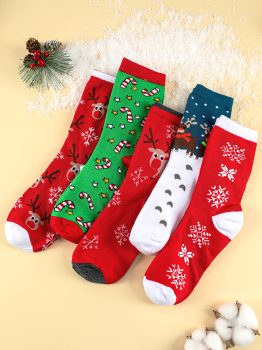 Dearlove Fiery Red 5 Pairs/Set Christmas Cartoon Elk Soft Socks Set with Box