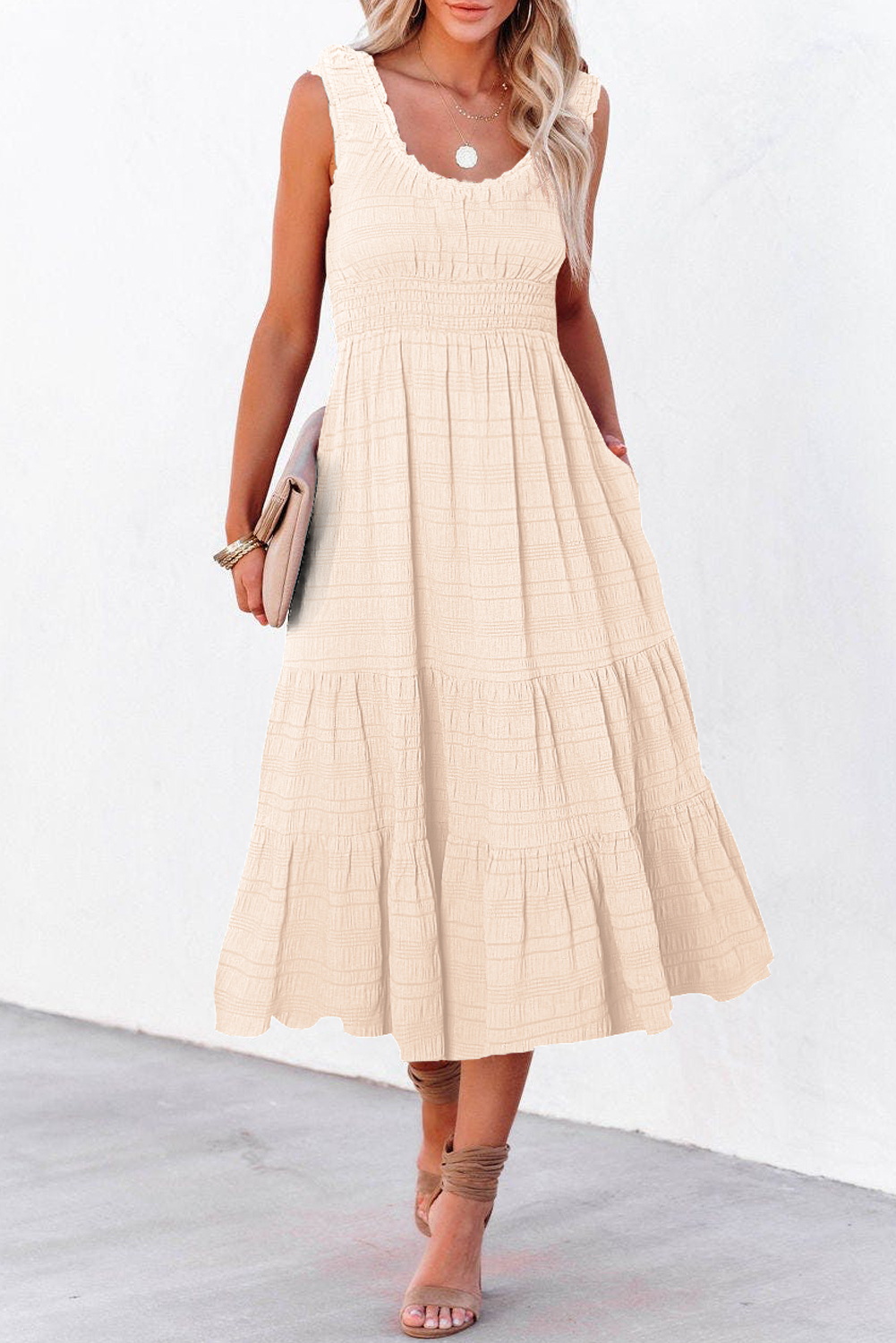 Apricot Shirred Pleated Square Neck Sleeveless Midi Dress - Image 2