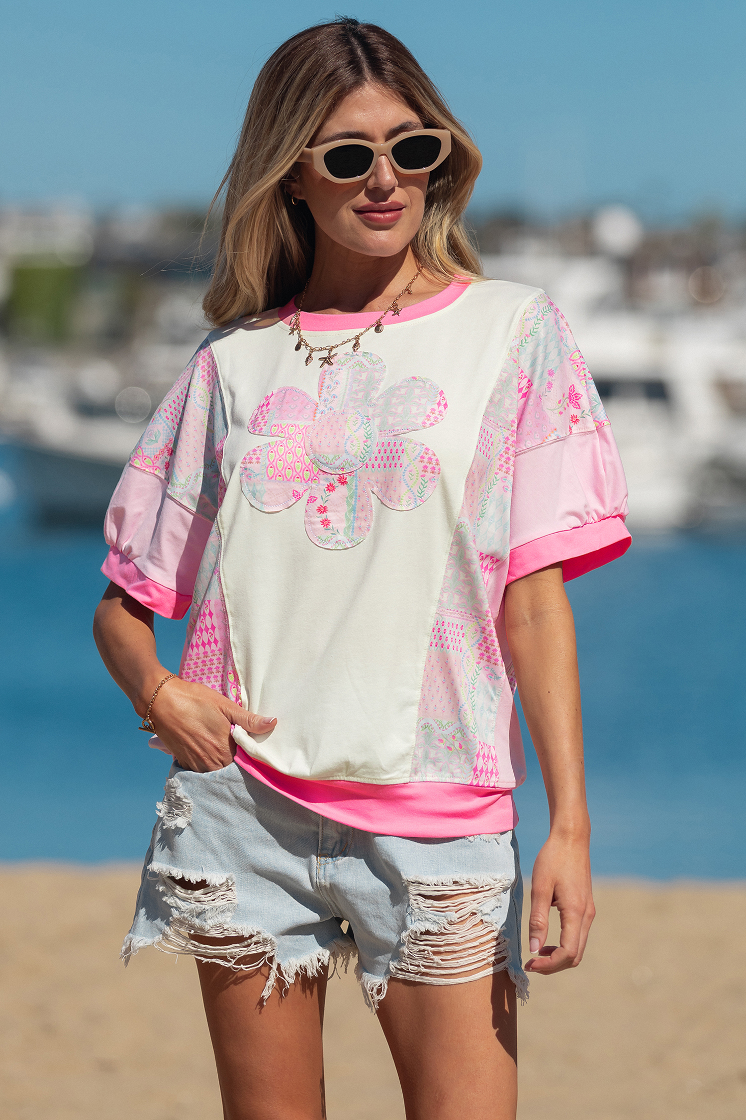 Beige Color Block Floral Patchwork Big Flower Accent Relaxed Top - Image 4