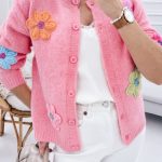 Pink Cute Knitted Floral Pattern Button Up Cardigan