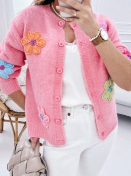Pink Cute Knitted Floral Pattern Button Up Cardigan