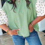 Green Stripe Floral Puff Sleeve Patchwork Round Neck Loose Top