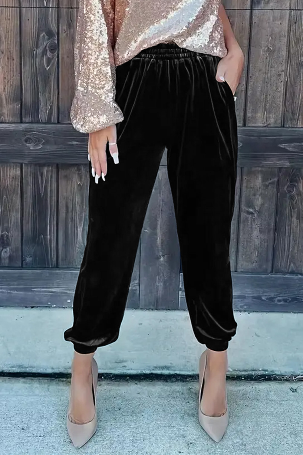 Black Solid Velvet Jogger Pants - Image 3