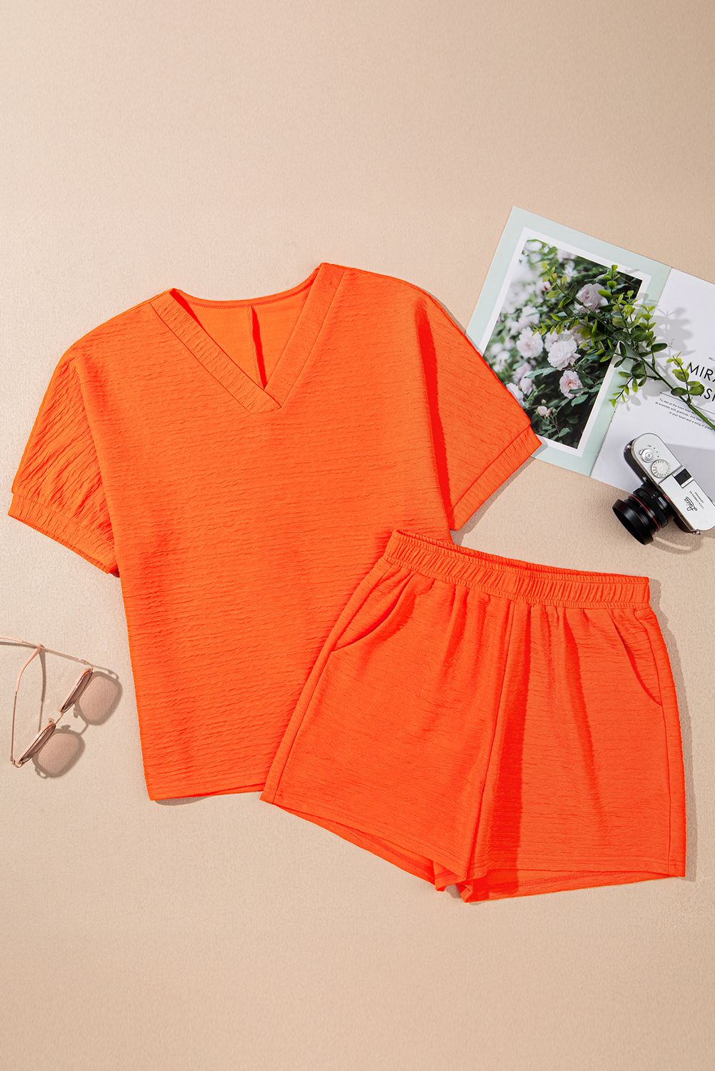 Orange Textured V Neck T Shirt and Shorts Set - Image 8