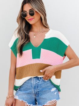 Multicolour Color Block Notch V Neck Sweater T Shirt