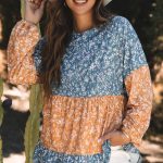 Orange Floral Color Block Patchwork Ruffled Hem Round Neck Blouse