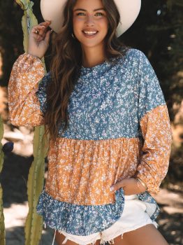 Orange Floral Color Block Patchwork Ruffled Hem Round Neck Blouse