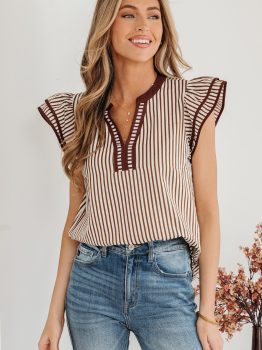 Khaki Stripe Double Ruffled Short Sleeve V Neck Blouse