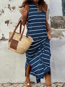 Blue Gray Stripe Print Open Back Sleeveless Maxi Dress with Slits