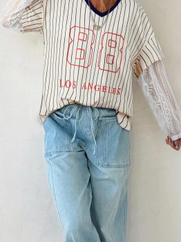 Blue Stripe 88 LOS ANGEL Graphic Lace Patchwork Faux Two Piece V Neck Top