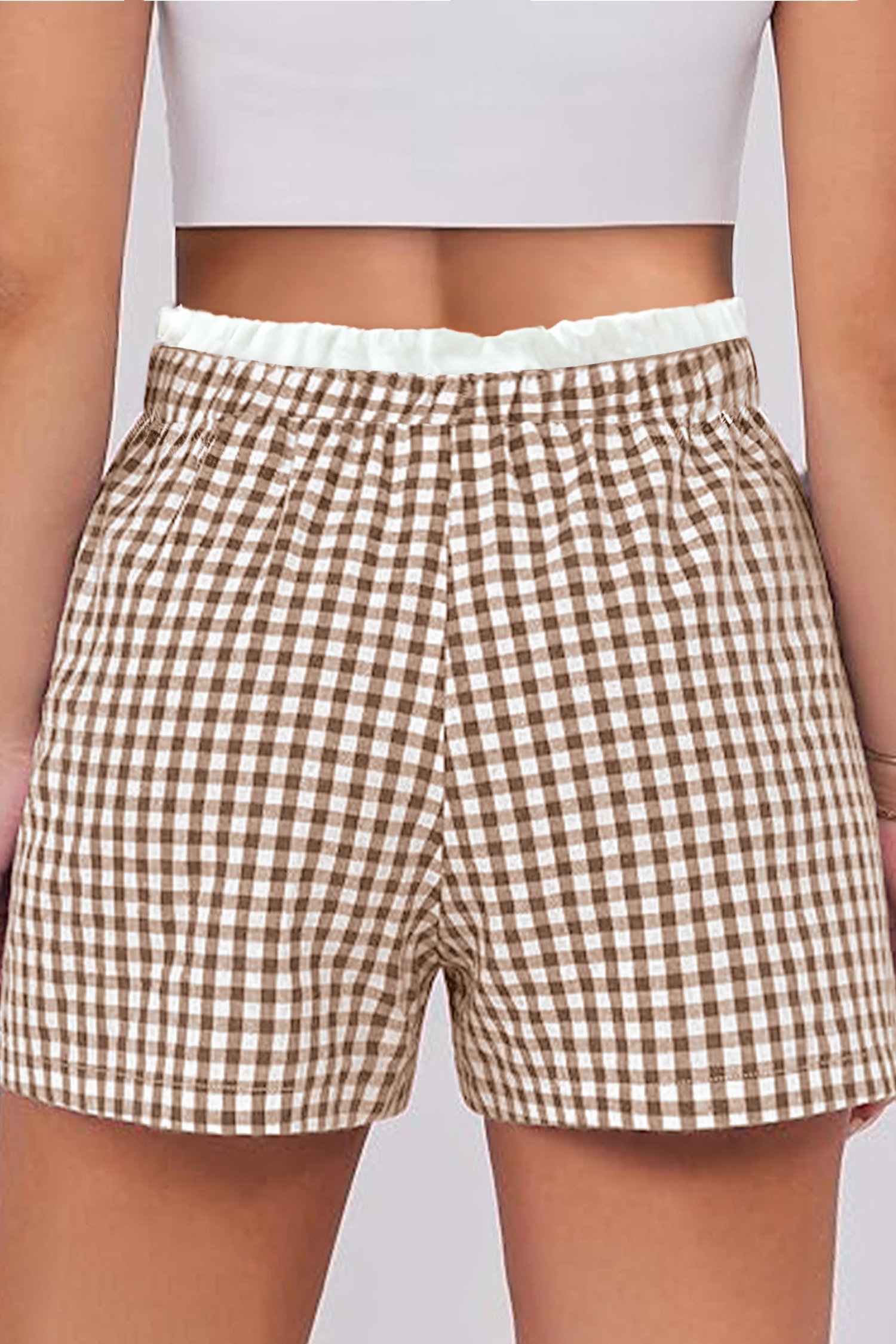 Khaki Contrast Trim Plaid Print Plus Size Shorts - Image 3