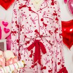 Red Bow Print Valentine Long Sleeve Shirt Shorts 2 Pcs Pajama Set