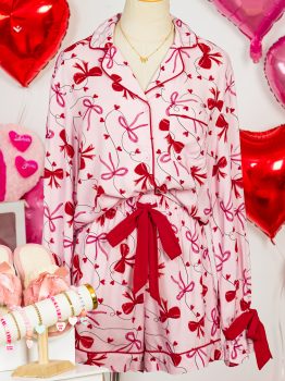 Red Bow Print Valentine Long Sleeve Shirt Shorts 2 Pcs Pajama Set