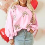 Light Pink Embroidered Bow Lantern Sleeve Oversized Pullover Sweatshirt