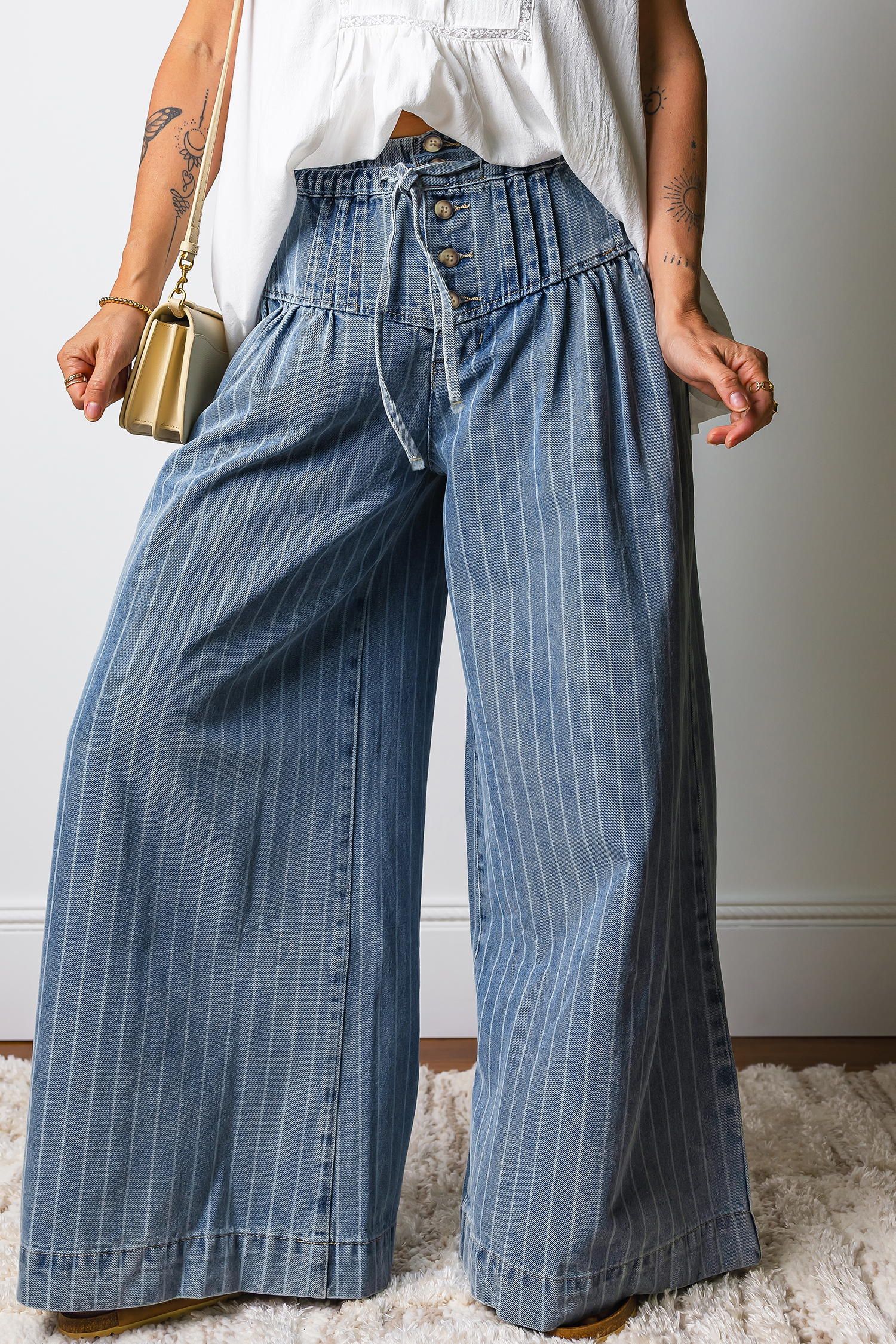Sky Blue Stripe Button Pleated Drawstring Waist Casual Wide Leg Jeans - Image 4
