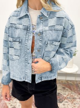 Beau Blue Denim Checkered Pattern Patchwork Womens Casual Jacket