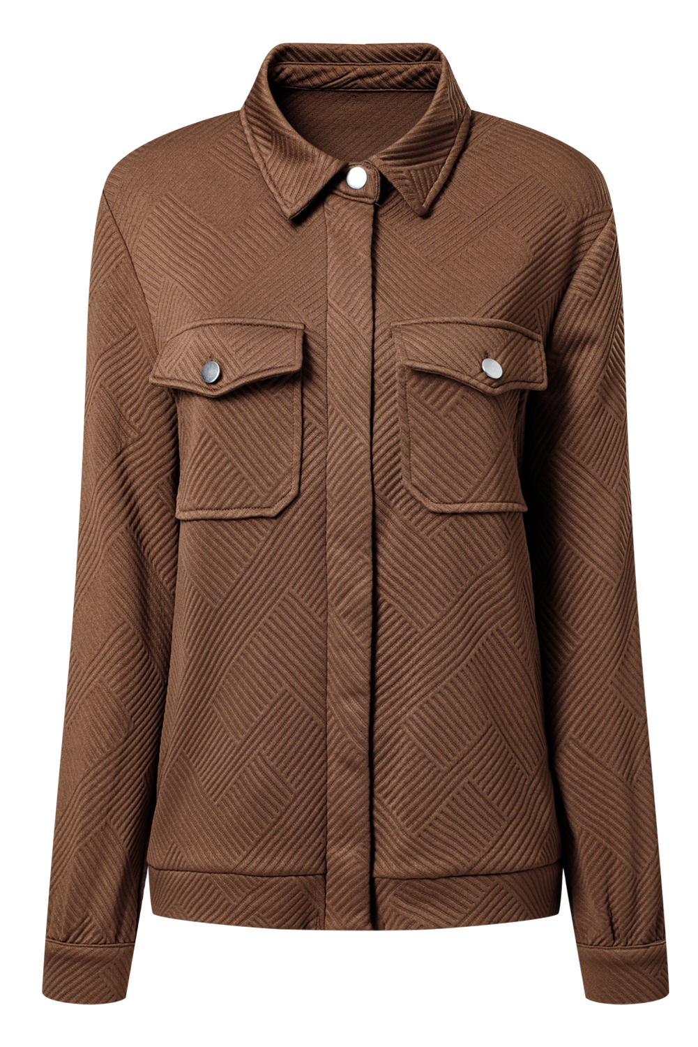 Coffee Solid Color Zip Up Button Flap Pocket Shirt Collar Jackets - Image 8