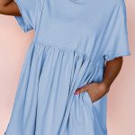 Sky Blue Solid Color Pocketed Raw Edge Babydoll Dress