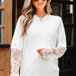 Beige Lace Sleeve Patchwork Faux Two-piece Fuzzy Sweater