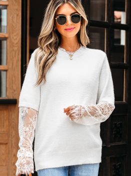 Beige Lace Sleeve Patchwork Faux Two-piece Fuzzy Sweater