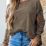 Khaki Stripe Thermal Knit Drop Shoulder Casual Top