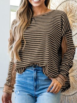 Khaki Stripe Thermal Knit Drop Shoulder Casual Top
