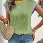 Grass Green Color Block Corded Knit Crew Neck Tee