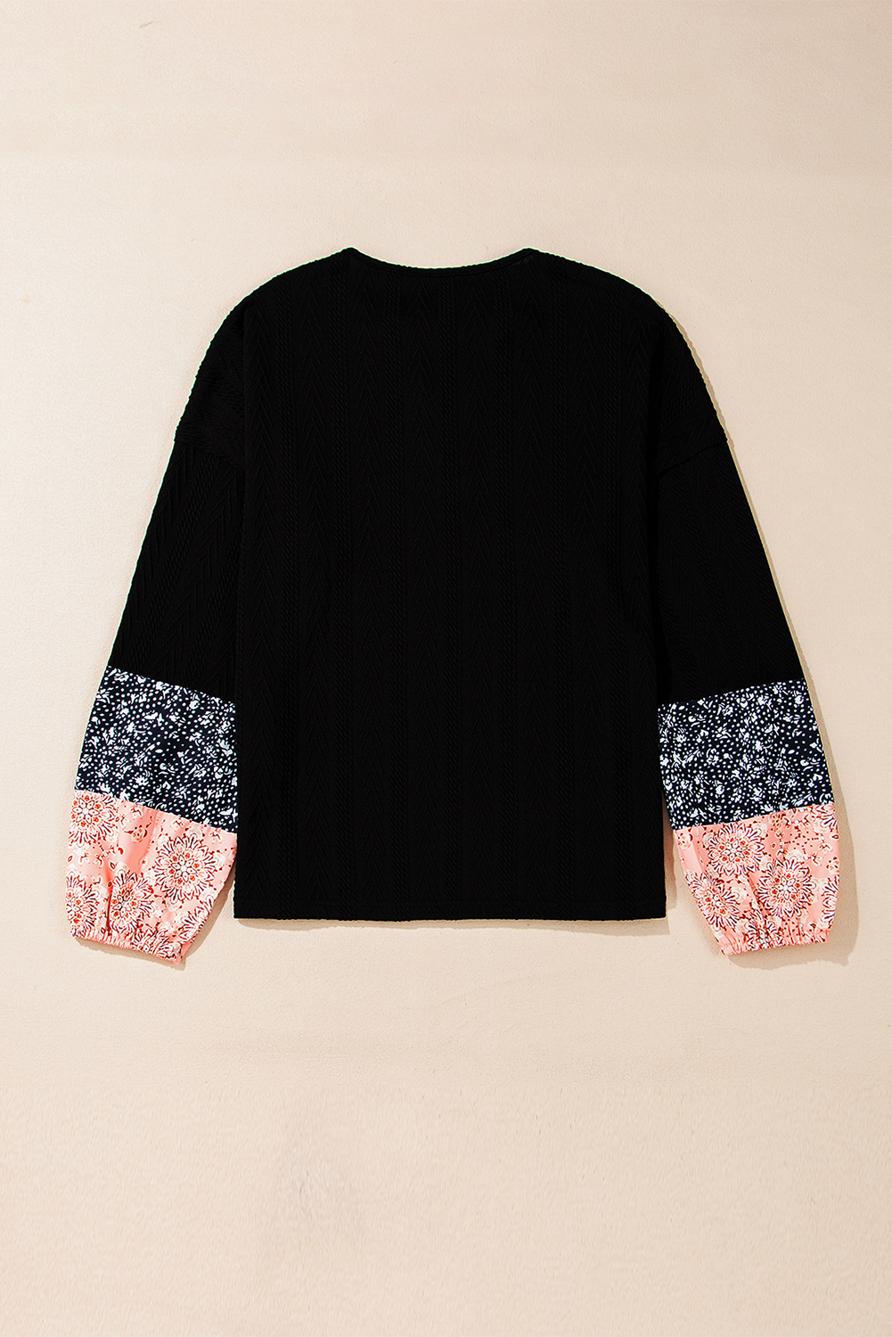 Black Floral Patchwork Textured Knit Drawstring V Neck Blouse - Image 6